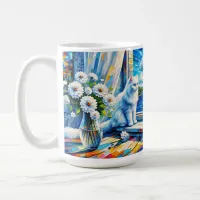 White Cat in Window sill Looking out at the Ocean Coffee Mug