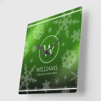 Festive Green Foil Snowflakes Monogram Name Square Wall Clock