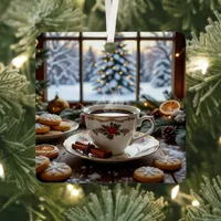 Christmas Coffee and Cookies Winter Window Scene Metal Ornament