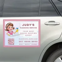 Glitter Cute Cleaning Lady QR code House Keeping Car Magnet