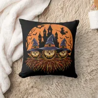 Spooky Halloween scarecrow trio at twilight Throw Pillow