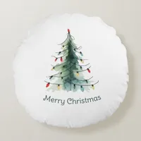 Minimalist Watercolor Christmas Tree Round Pillow