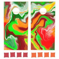 Red, Green, Burgundy Colorful Marble Fluid Art Cornhole Set