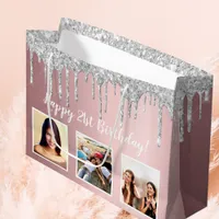 Birthday blush pink glitter custom photo silver large gift bag