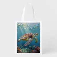 A Sea Turtle and Sun Rays in the Ocean Blue Grocery Bag