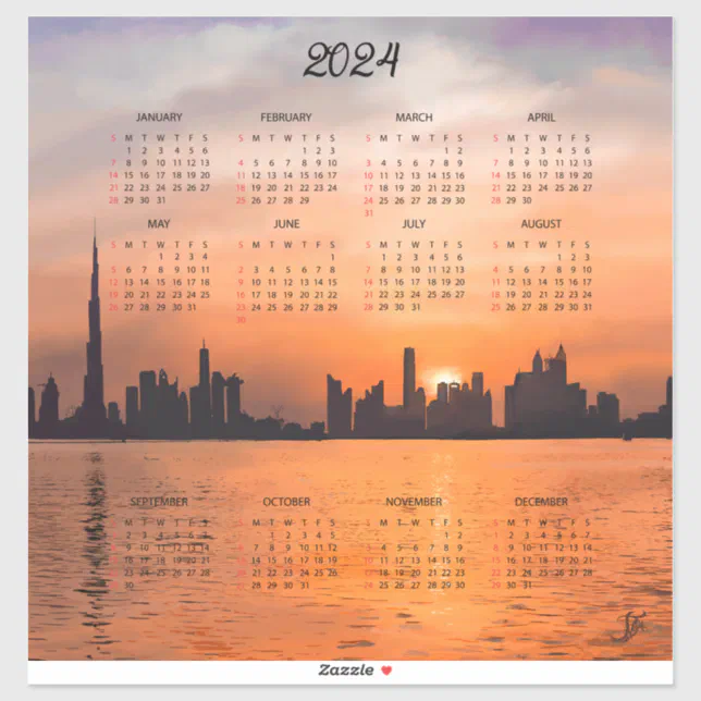 2024 calendar - Sunset over a seaside town Sticker