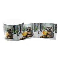 Cute Winter Raccoon with Gold Ornament Christmas Grosgrain Ribbon