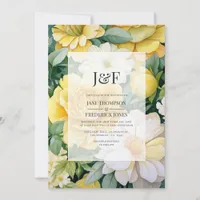 Yellow, White and Greenery Floral Wedding Monogram Invitation