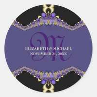 Purple Lace Fractal Décor Monogram  Classic Round Sticker