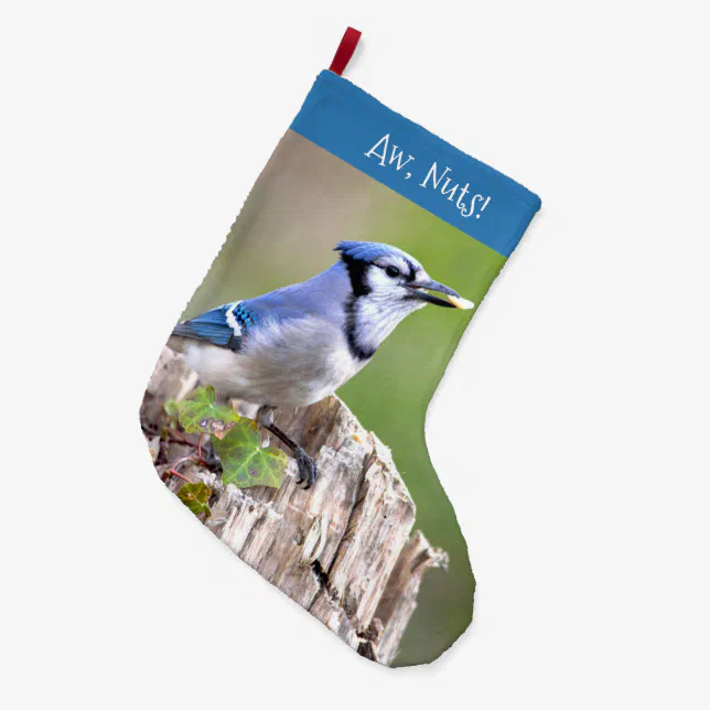 Cute Blue Jay Songbird on Treestump Large Christmas Stocking