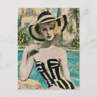 Woman in Black and White Bathing Suit Poolside Postcard