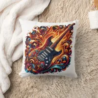 A vibrant guitar surrounded by swirling flames throw pillow