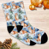 Ginger Cat In Snow Cute Pattern Festive Christmas Socks