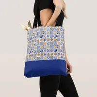 Summer Blue White Yellow Tiles Color Block Tote Bag