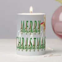 Merry Christmas Holly Trees Snow Santa & Reindeer Pillar Candle