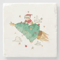 Flying Christmas Tree Santa Cat Stone Coaster