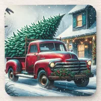 Vintage Truck with Christmas Tree Personalized Beverage Coaster