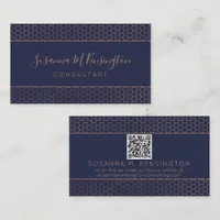 Modern Rose Gold Foil Navy Blue Geometric QR Code Business Card