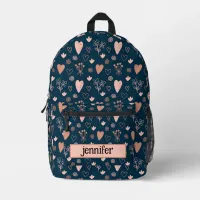 Boho Pink Hearts & Flowers on Dark Cornflower Printed Backpack