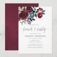 Boho Chic Burgundy & Navy floral Brunch and Bubbly Invitation