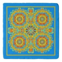 Aztec Pattern Blue Orange Gold Hand Drawn Art Trivet