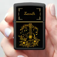 Gold Guitar Artwork With Musical Notes and Flowers Zippo Lighter