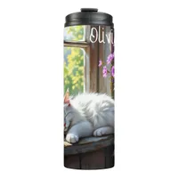 Napping White Cat and Purple Flowers Personalized Thermal Tumbler