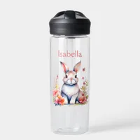 Personalized Bunny Rabbit in Pink Flowers Water Bottle