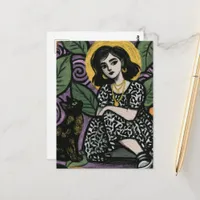 Cute woman sitting with her cat  postcard