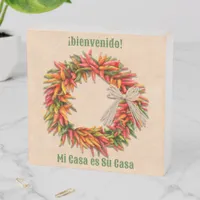 Southwest Chile Ristra Wreath on Adobe Wall Wooden Box Sign