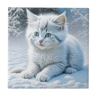 Cute White Cat Playing in the Snow Ceramic Tile