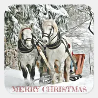 Christmas Horses Pulling Sleigh Through Snow Square Sticker