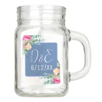 Blue Floral Pink Rosebud Wedding Personalized Mason Jar