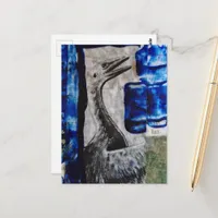 Bird Dinosaur with Blue Paint Mixed Media Collage Postcard