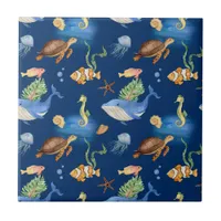 Navy blue ocean animals whales turtles ceramic tile