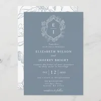 Dusty Blue Floral Crest Monogram Wedding Invitation