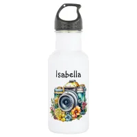 Vintage Camera with Pretty Flowers Watercolor Stainless Steel Water Bottle