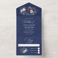 Plum and Navy Blue Floral Wedding All In One Invit All In One Invitation