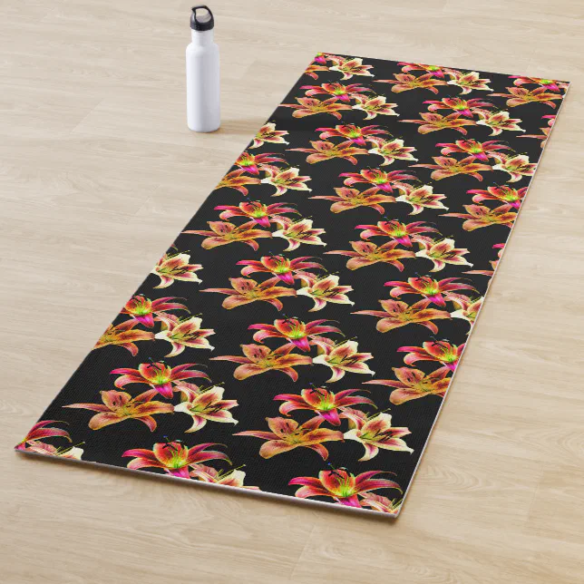 Elegant Trio of Yellow Pink Daylilies Floral Yoga Mat