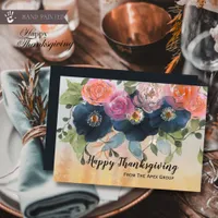 Navy Blue and Peach Floral Corporate Thanksgiving  Holiday Card