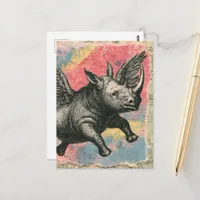 The Flying Rhino Mixed Media Collage Postcard