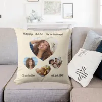 Birthday name age photo heart collage cream throw pillow
