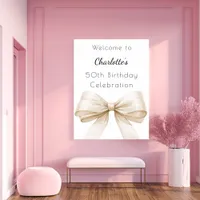 Cream beige bow white birthday party welcome poster