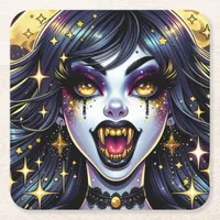 Vampire with Gold Fangs Full Moon Halloween Party Square Paper Coaster