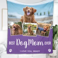 Best Dog Mom Custom 4 Photo Collage Purple Fleece Blanket