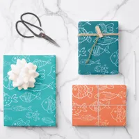 Modern Tropical Turquoise & Coral Fish Pattern Wrapping Paper Sheets