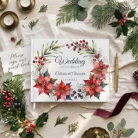 Watercolor Red Poinsettia Christmas Wedding Guest Book