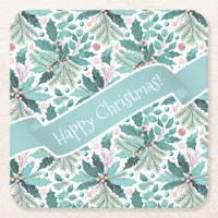 Teal Christmas Holly Berries Pattern#17 ID1009 Square Paper Coaster