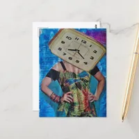 Vintage Alarm Clock Head Woman Surreal Collage Postcard