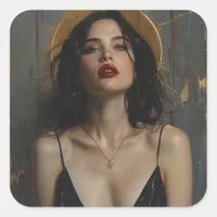 Sexy Woman in Black Dress Gold Halo Square Sticker